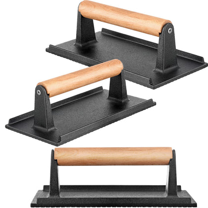 Gandeer 3-pcs cast iron grill press set displayed for versatile grilling and searing.