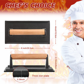 Gandeer bacon press 8x4-inch flat bottom delivering even heat on the griddle.