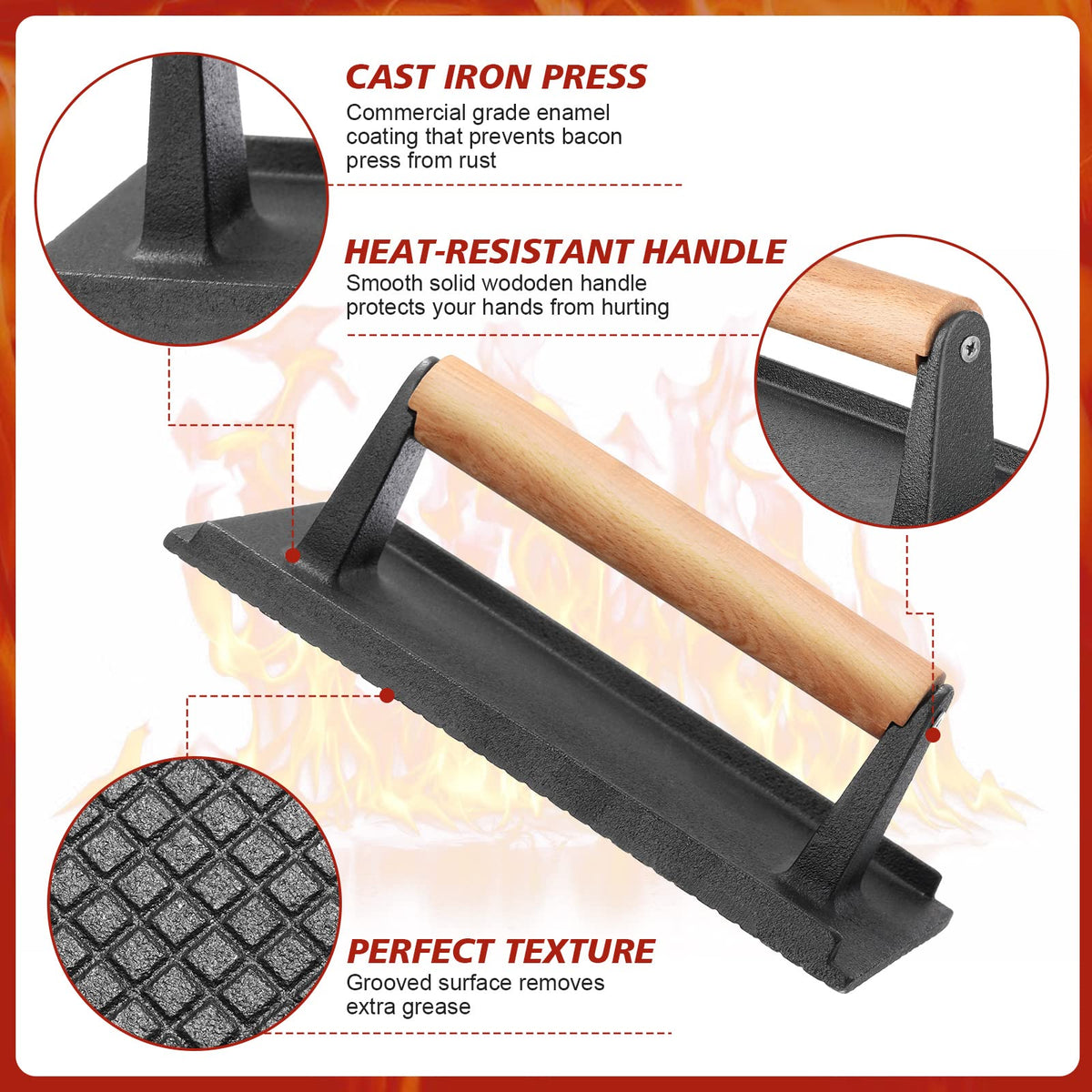 Gandeer cast iron press with wooden handle showing heat-insulated grip for safe use.