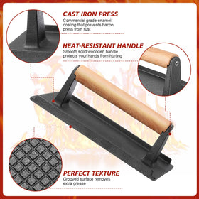 Gandeer cast iron press with wooden handle showing heat-insulated grip for safe use.