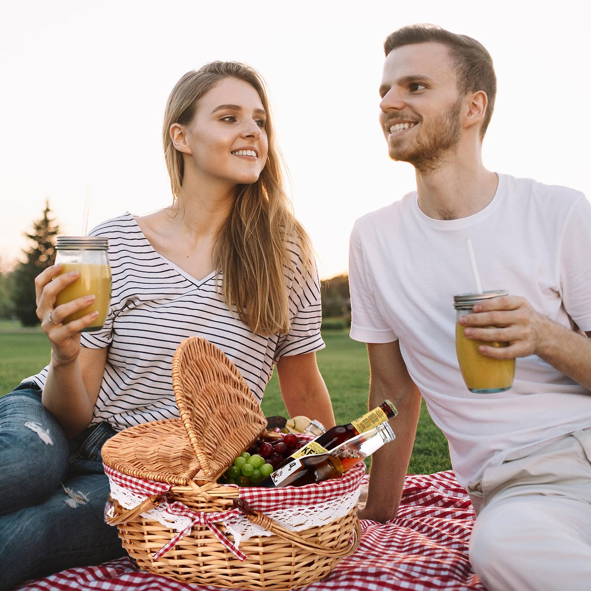 Gandeer woven basket provides sturdy wicker support for food and utensils.