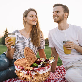 Gandeer woven basket provides sturdy wicker support for food and utensils.