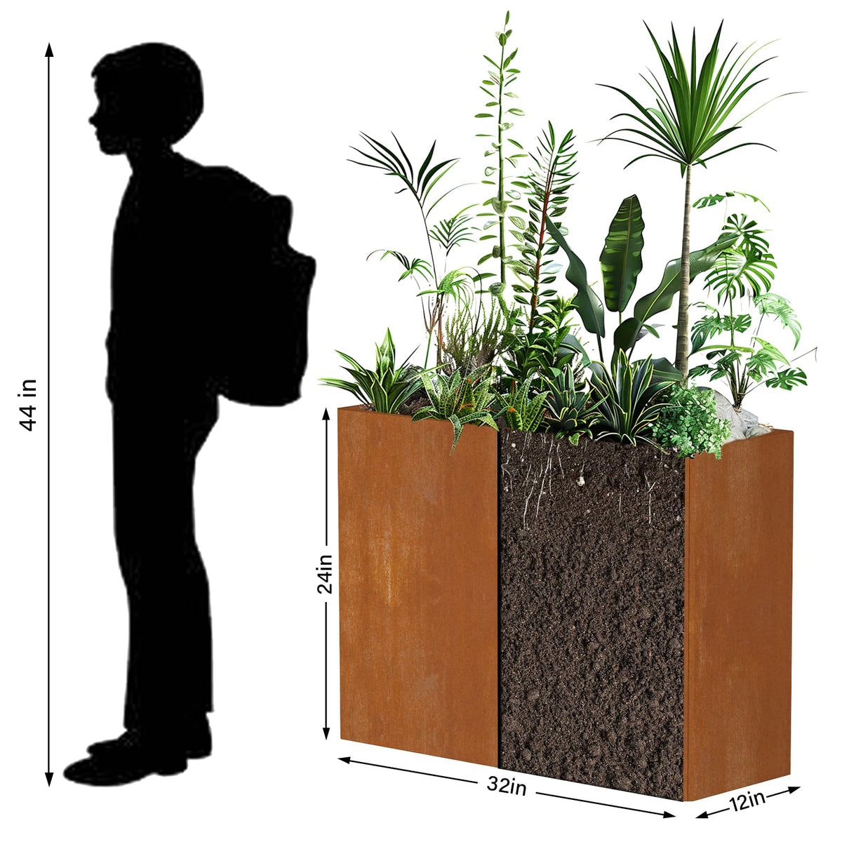 Ganeekiron Cor Ten planter with insert shelf enabling flexible plant arrangements.
