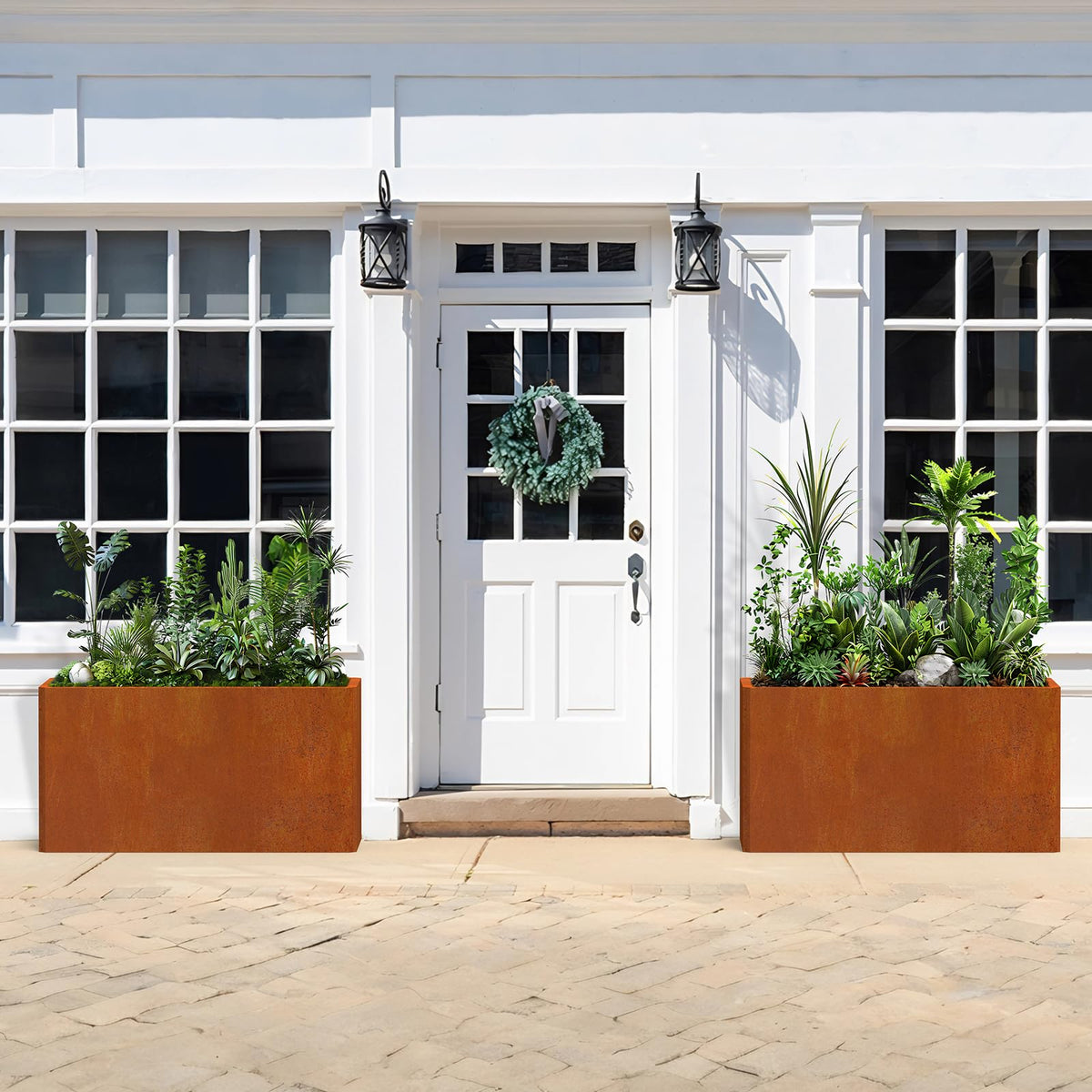 Ganeekiron Corten planter on patio illustrating large space for plants.
