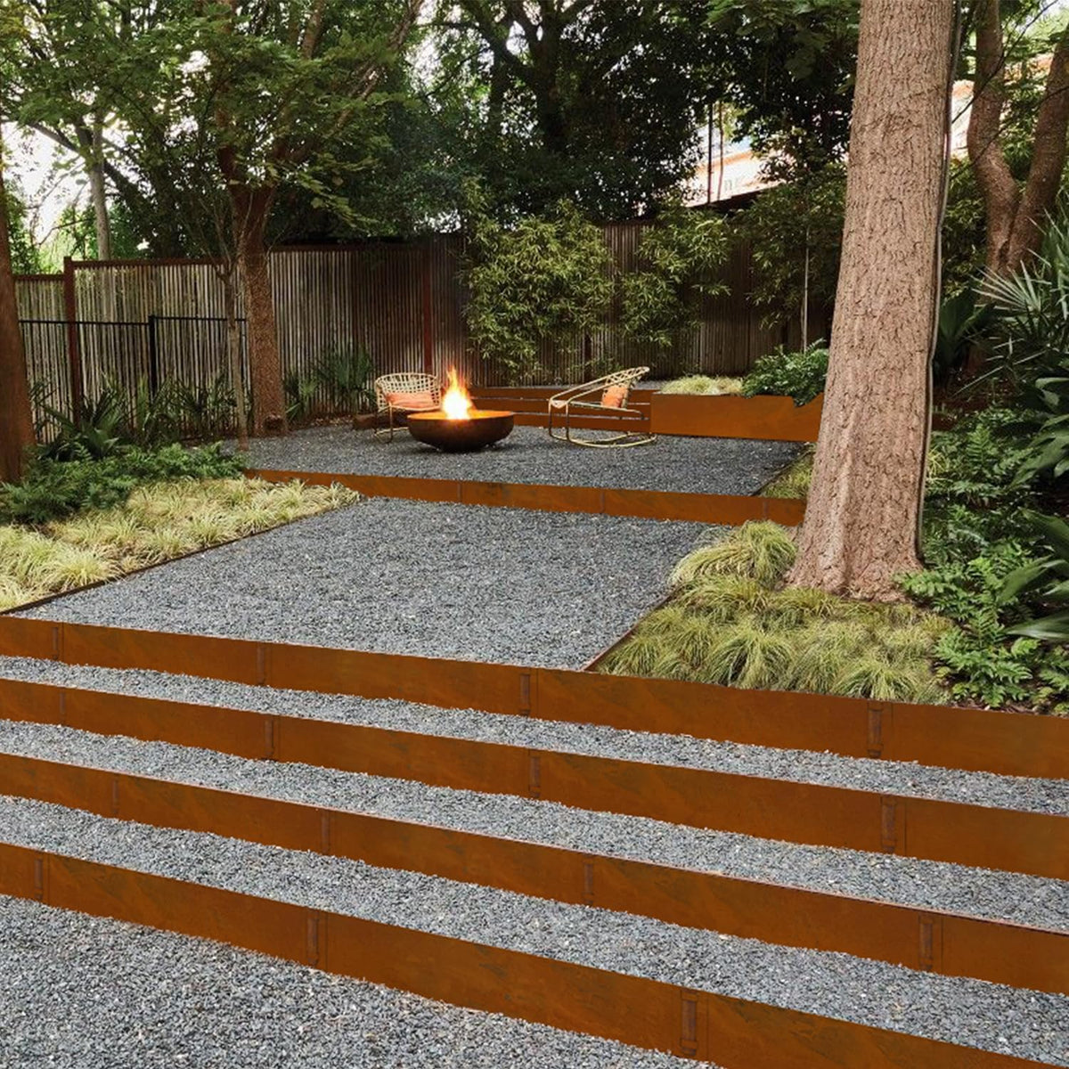 Ganeekiron edging installed along a winding path in a garden
