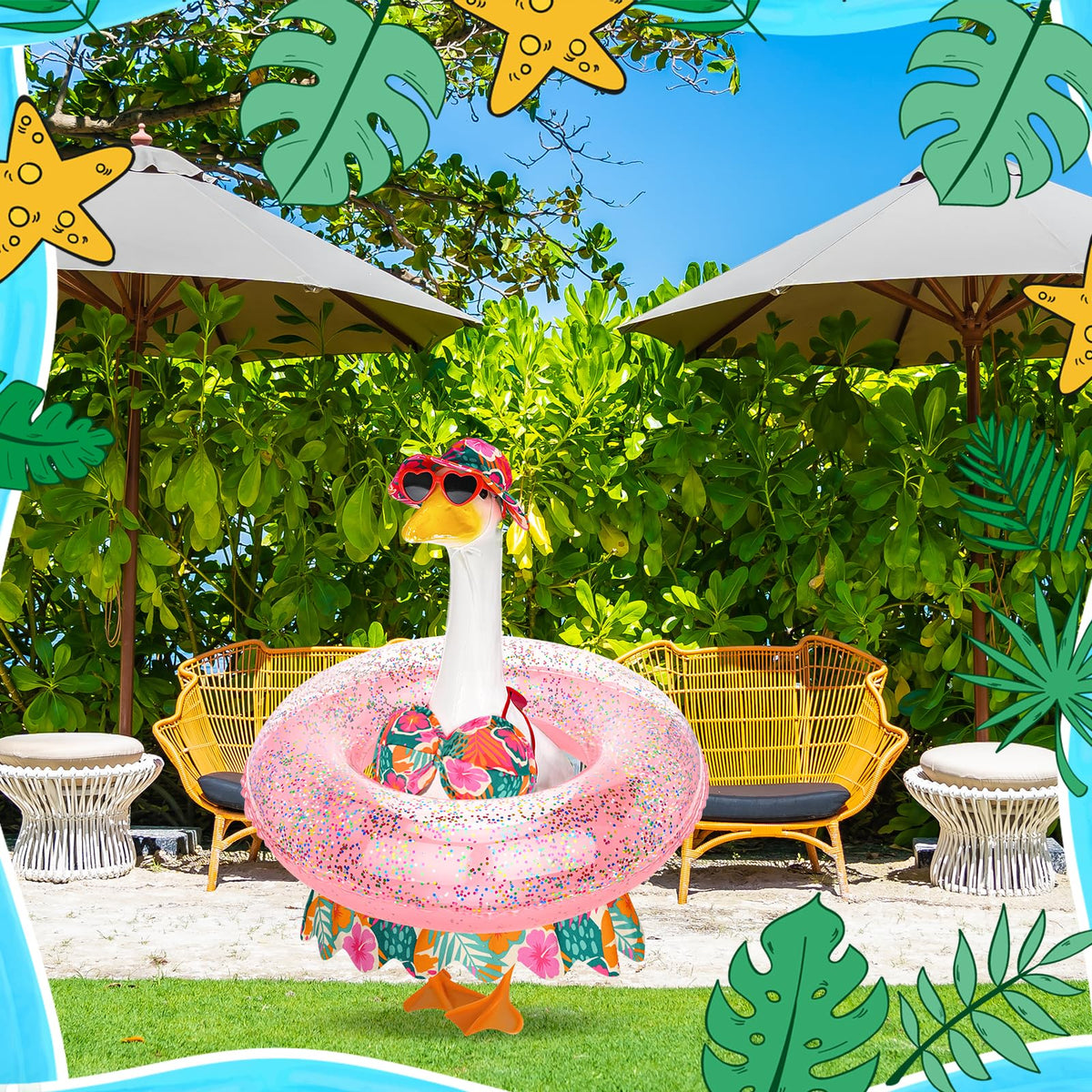 Versatile decor transforms a plain goose statue into a summer focal point.