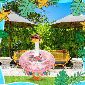 Versatile decor transforms a plain goose statue into a summer focal point.