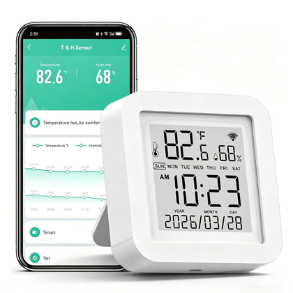 Gaoducash smart WiFi temp-humidity monitor front view with clear LCD