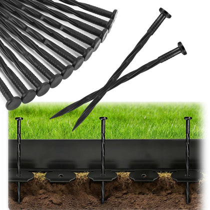 Garaook 70pcs 8-inch stakes in use for secure garden edging and weed barrier.