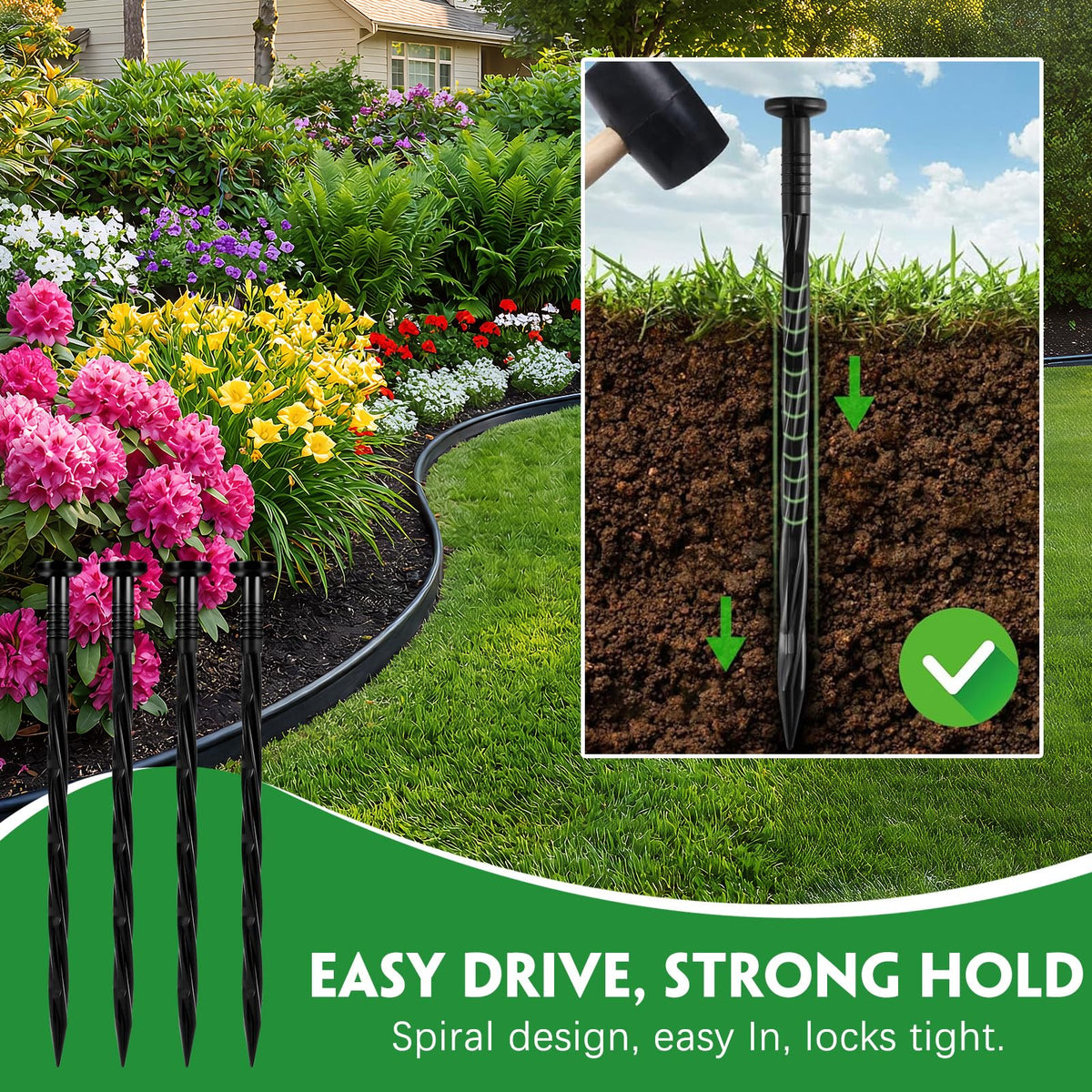 Garaook artificial turf stake secures edges with rugged grip and durability.