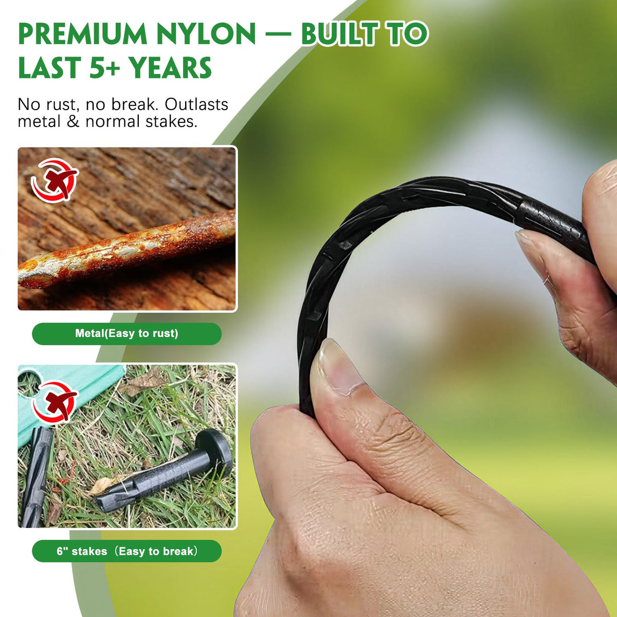 Garaook heavy-duty plastic landscape stake resists rust and weathering for long-lasting anchoring.