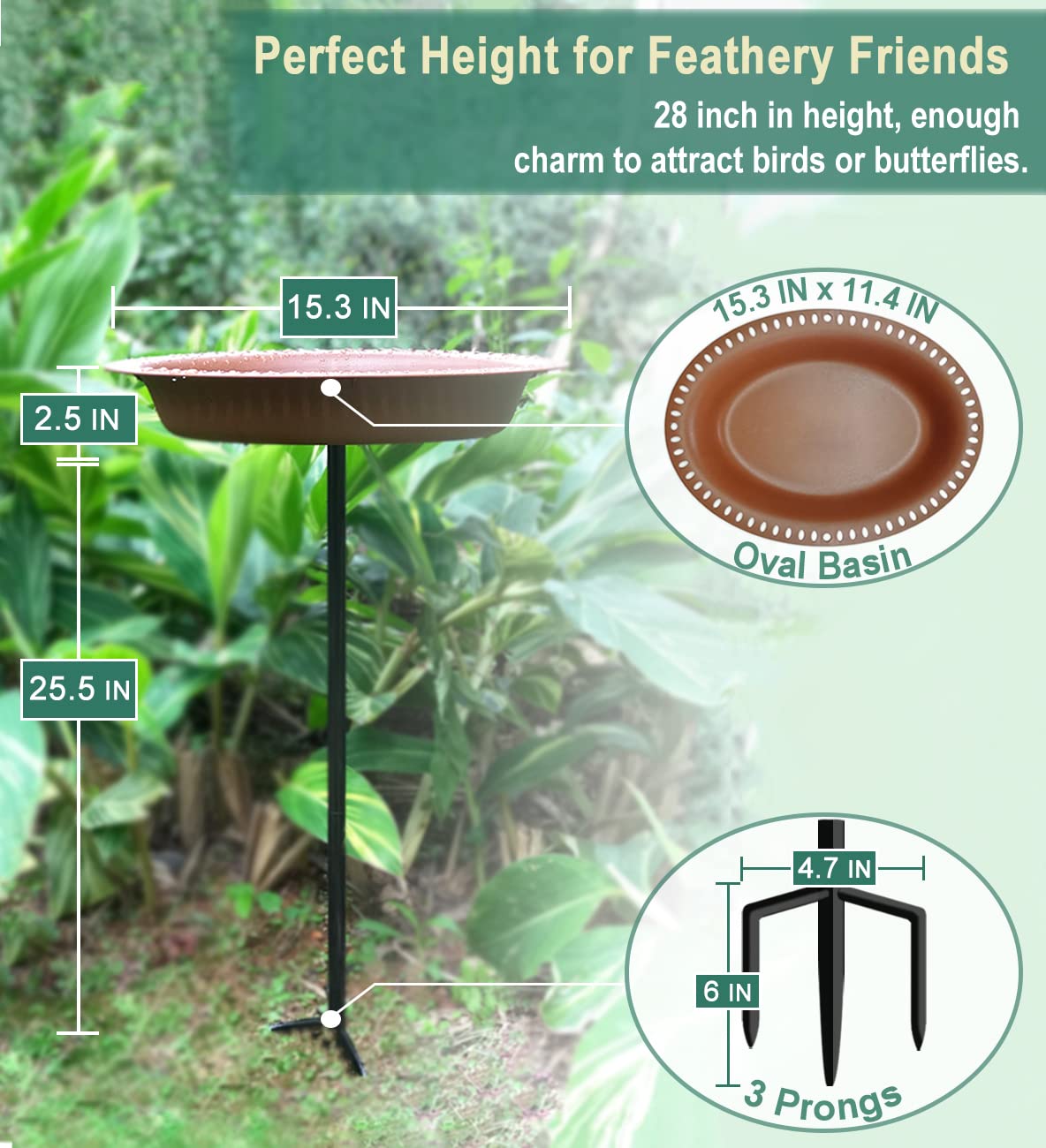Garbuildman stake with three prongs keeps birdbath steady in wind
