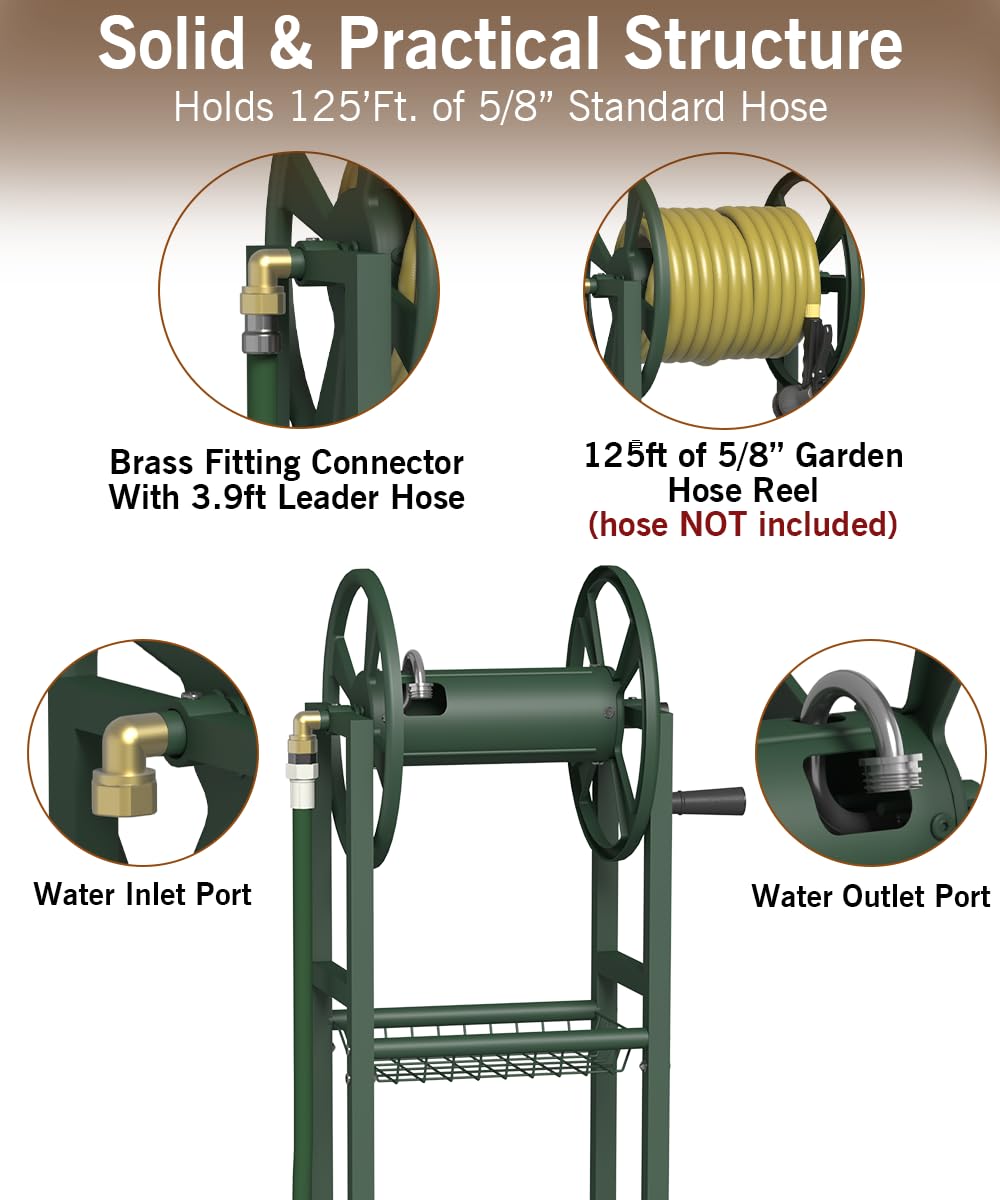 Garbuildman hose reel shows 125ft capacity for expansive outdoor watering