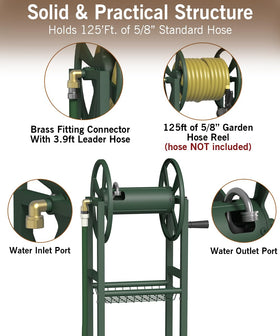 Garbuildman hose reel shows 125ft capacity for expansive outdoor watering