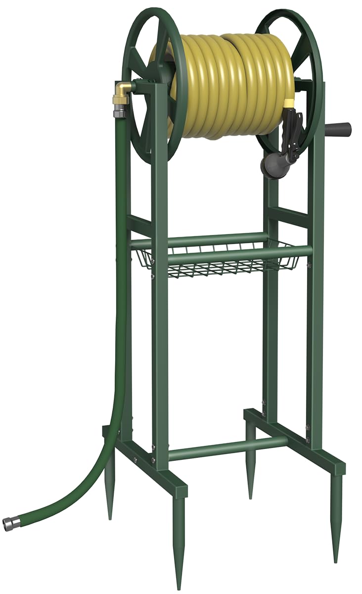 Garbuildman ground mount hose reel with center brass connector for easy watering
