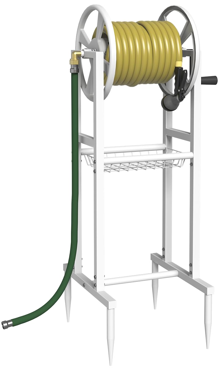 Garbuildman ground mount hose reel shows leader hose connection for quick watering.