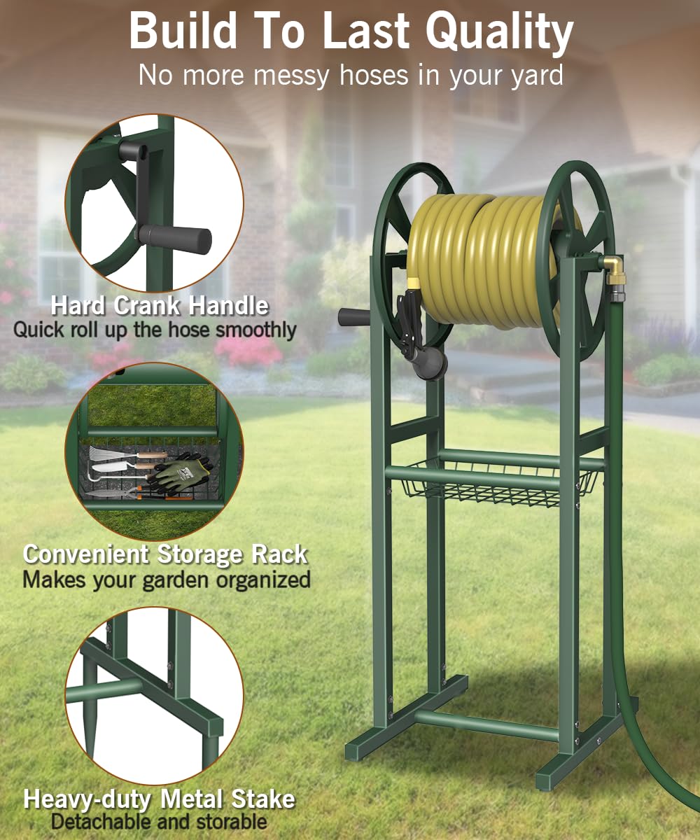 Garbuildman portable reel with four spikes base stays stable outdoors
