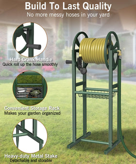 Garbuildman portable reel with four spikes base stays stable outdoors
