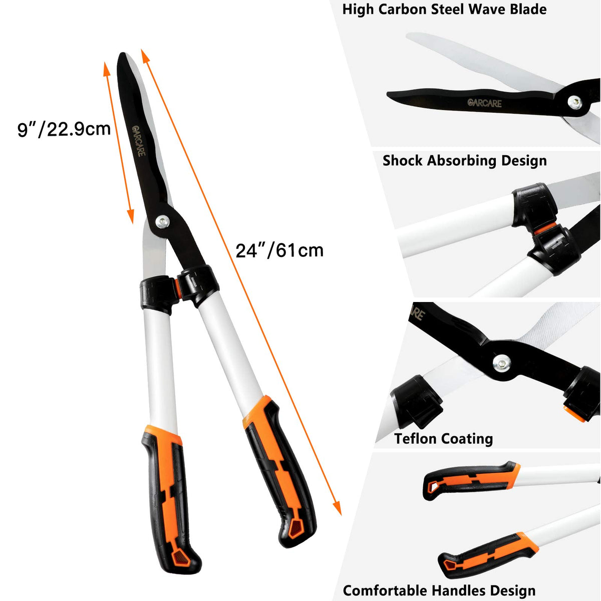 GARCARE 4-in-1 set hedge shears deliver precise, smooth cuts for neatly shaped hedges.