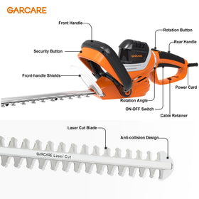 GARCARE corded hedge trimmer blade close-up highlighting laser-cut precision.