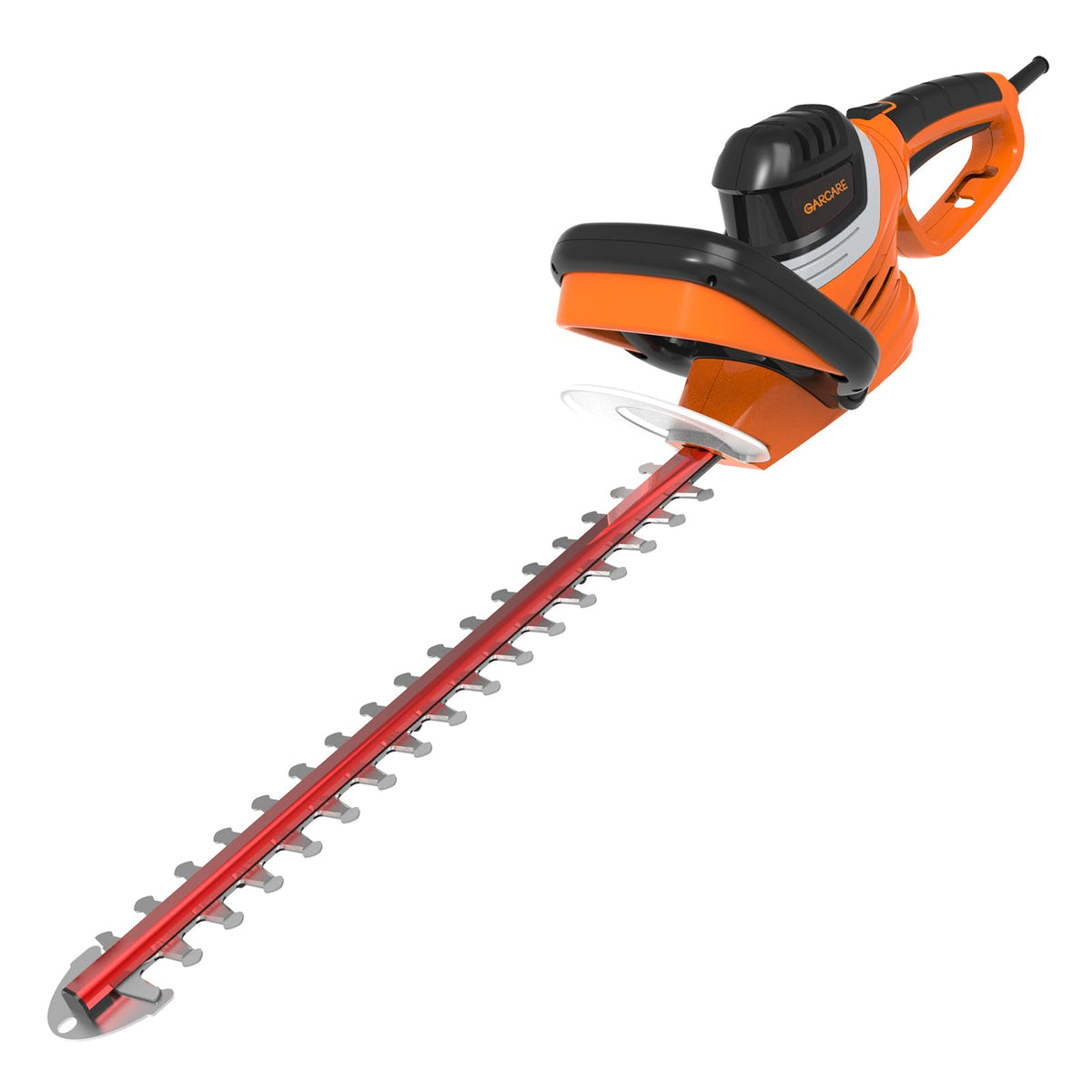 GARCARE electric hedge trimmer with 24-inch dual-action laser blade for efficient pruning.