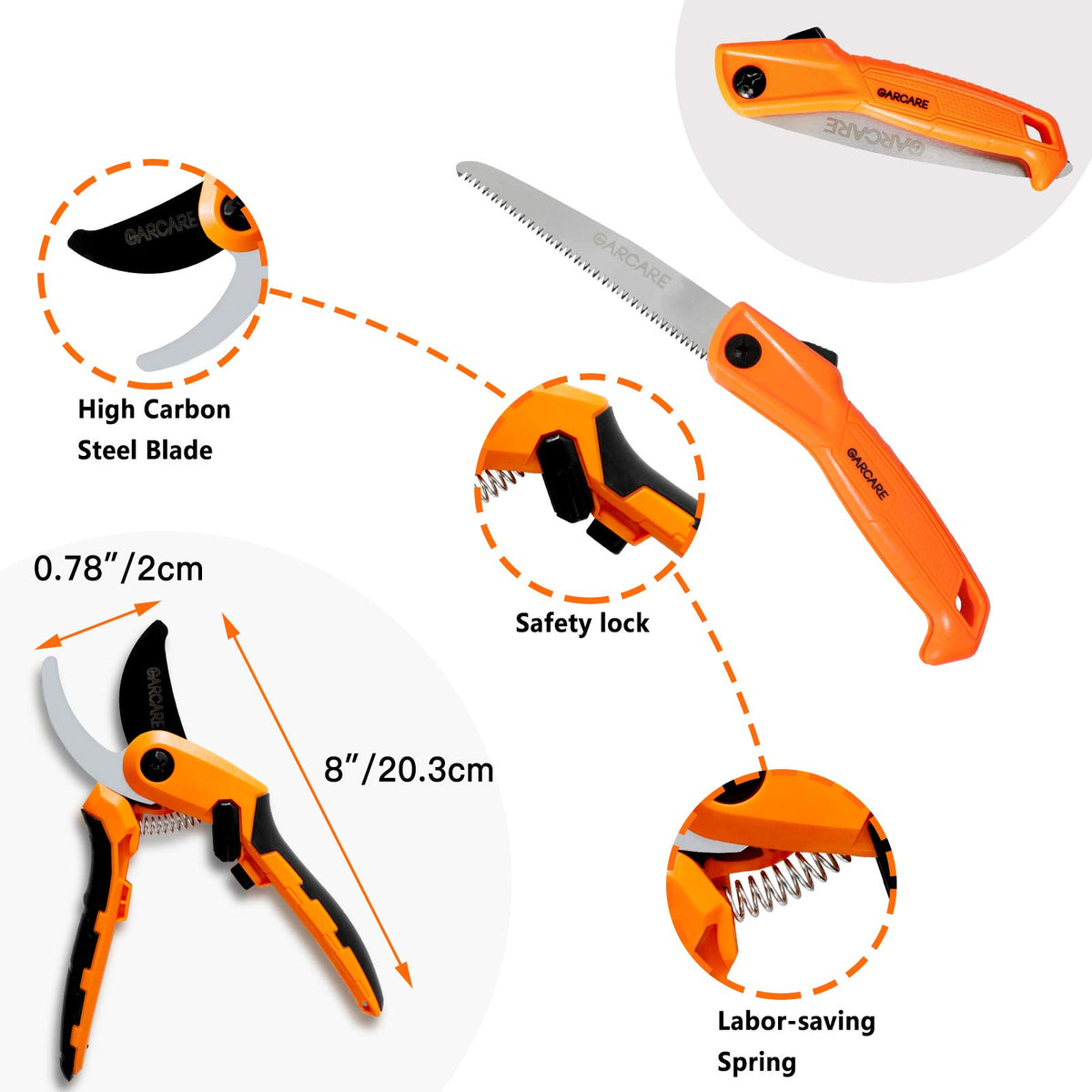 GARCARE hedge shears with 65Mn blade for durable, sharp hedge shaping.