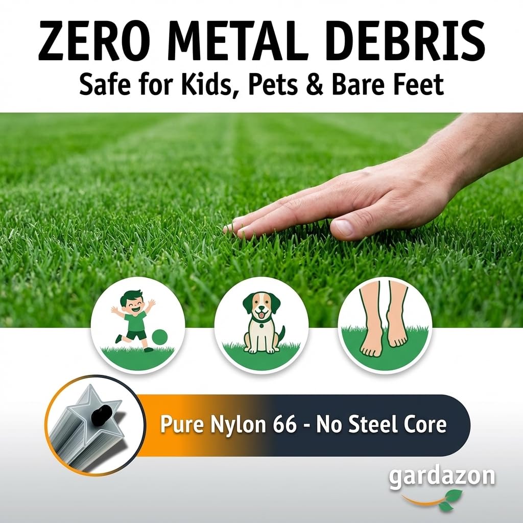 Gardazon no steel fragments for safer lawns and pet-friendly trimming