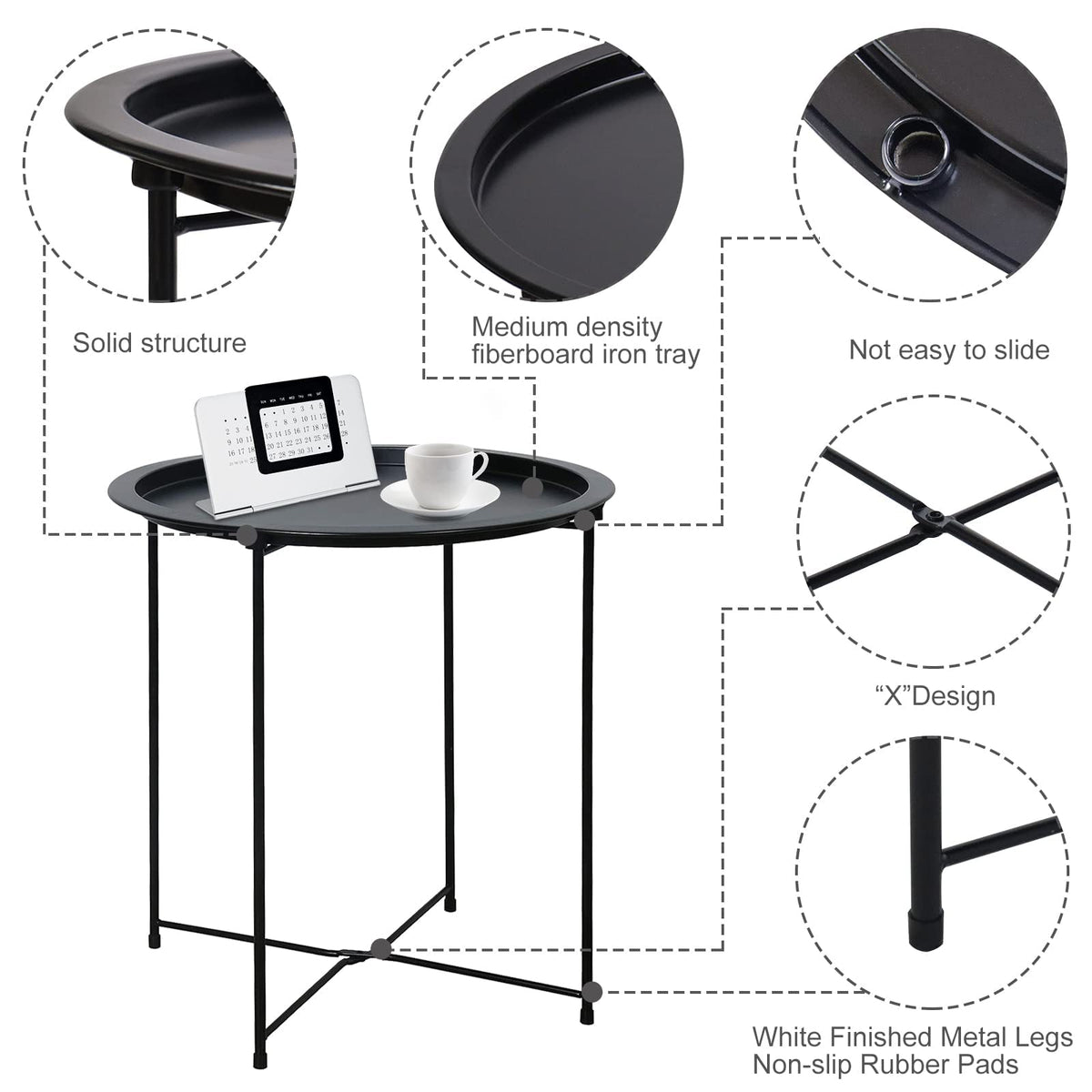 Garden 4 you black round folding table: versatile couch-side companion.