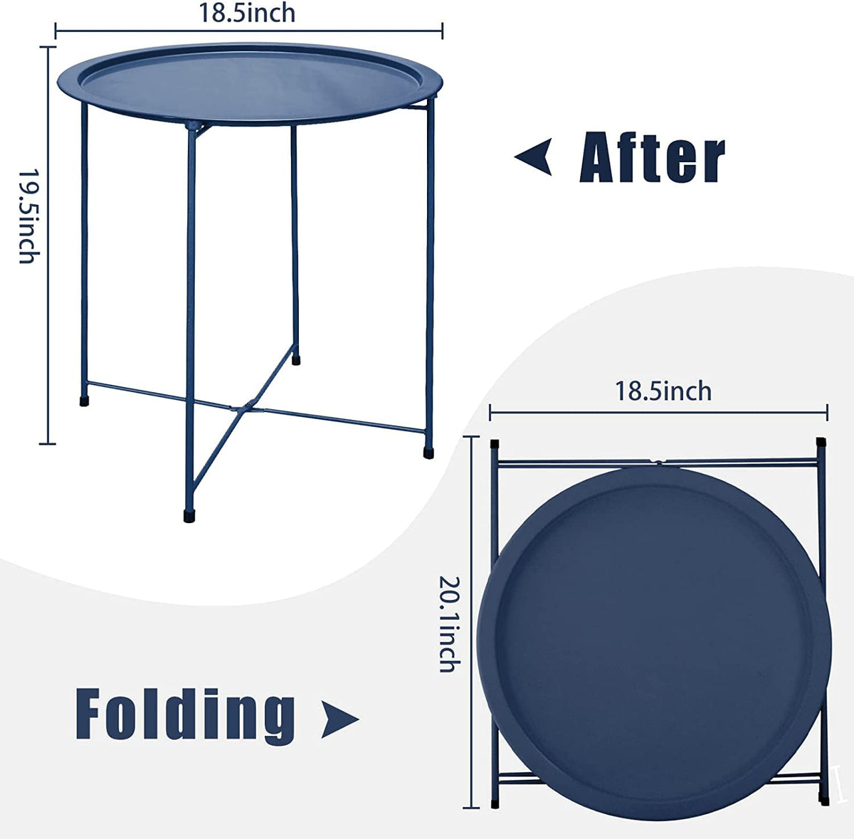 Garden 4 You dark blue round end table with cyan accent in living room.