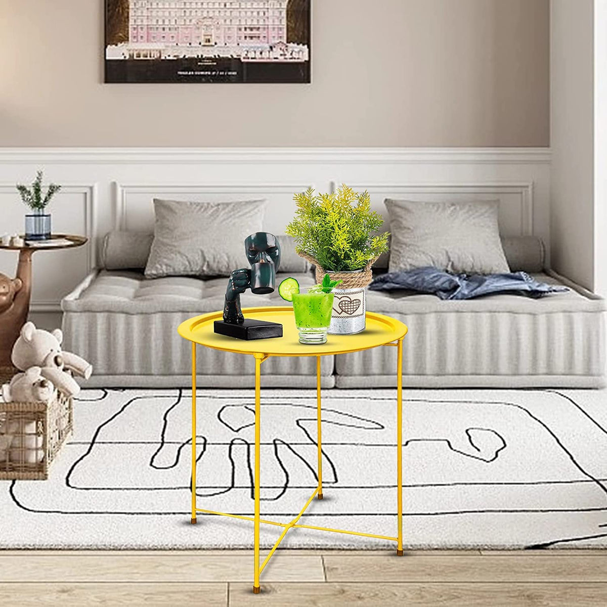 Garden 4 you end table with cyan frame beside yellow top for a bright accent.