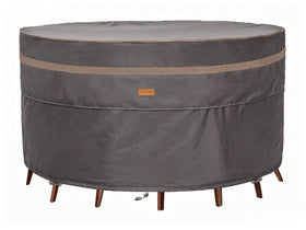 Garden Balsam round table cover showing weatherproof protection for 84 inch diameter.
