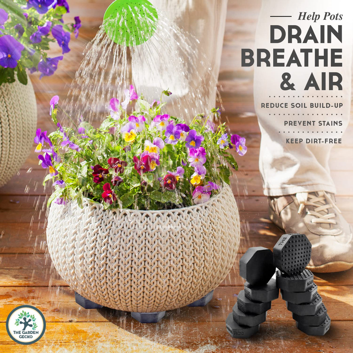 The Garden Gecko enhanced grip surface keeps pots secure on varied outdoor surfaces.