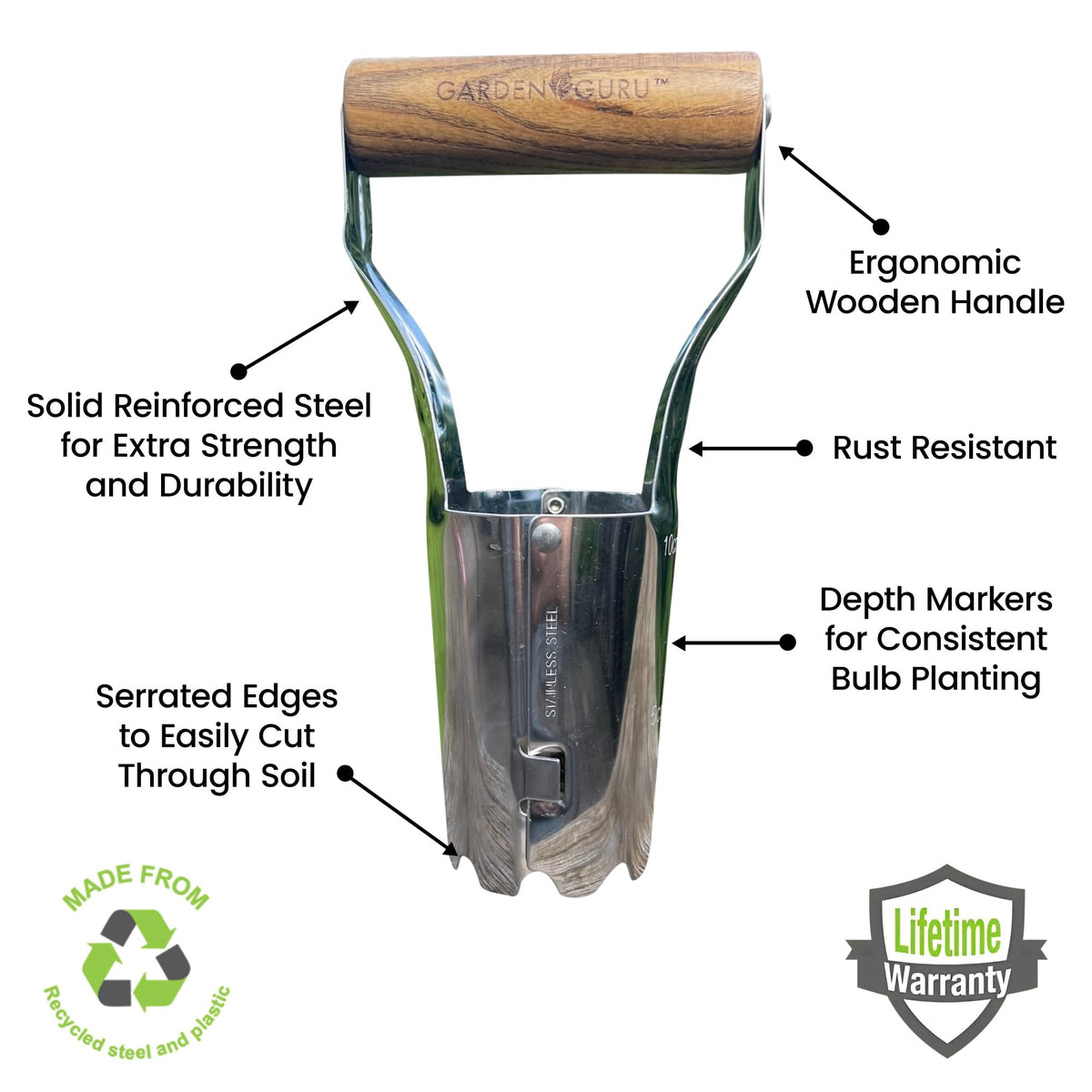 Garden Guru Eco Bulb Planter depth markers for consistent planting depth.