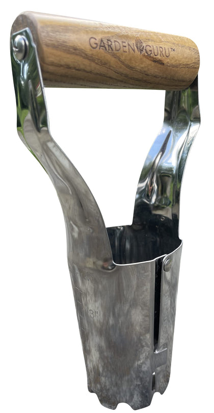 Garden Guru Eco Bulb Planter with polished stainless steel for precise bulb depth.