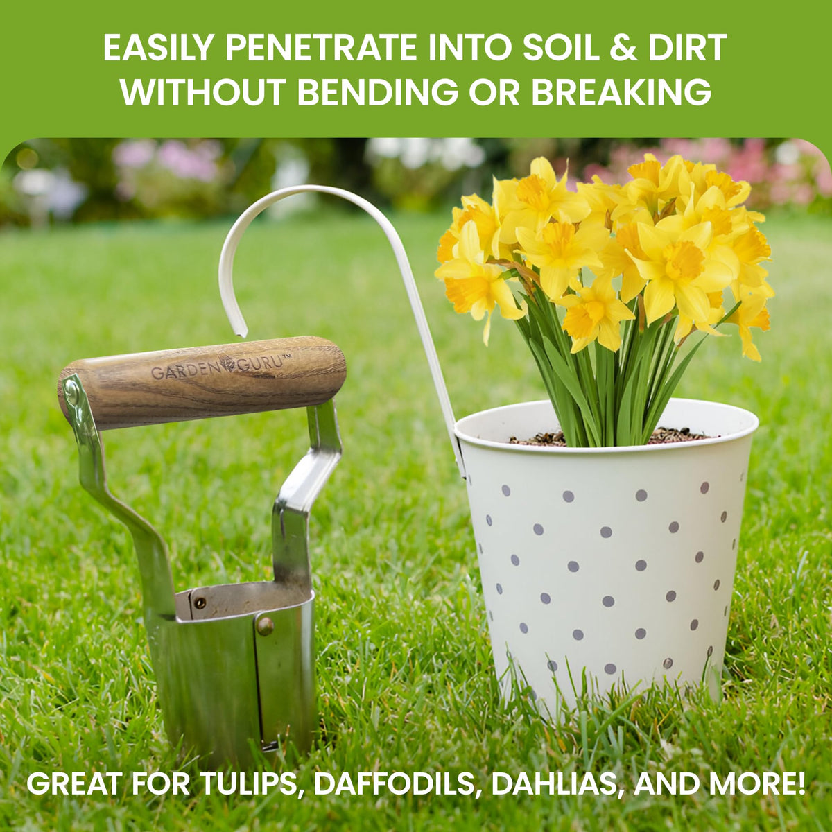 Garden Guru Eco Bulb Planter wood carved handle for comfortable grip during planting.