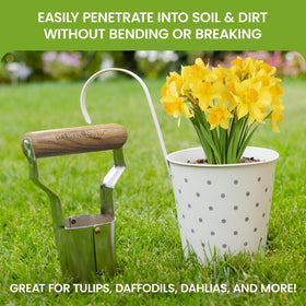 Garden Guru Eco Bulb Planter wood carved handle for comfortable grip during planting.