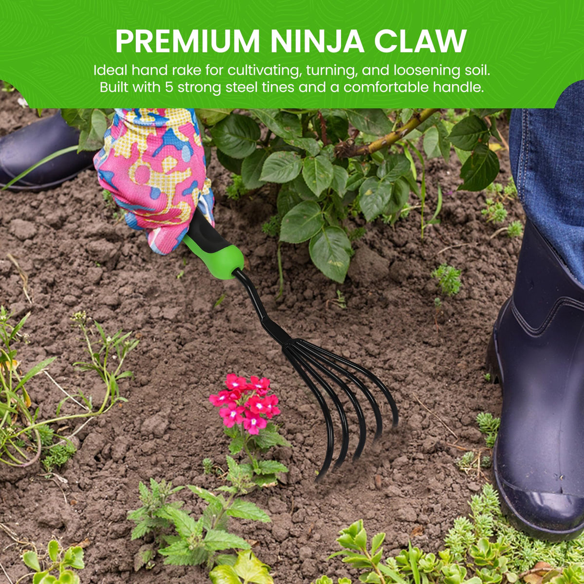 Garden Guru five-tine durable steel prongs for tough clay soils.