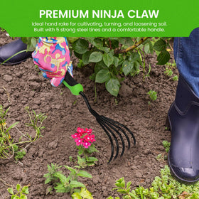 Garden Guru five-tine durable steel prongs for tough clay soils.