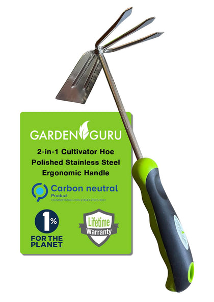 Garden Guru hand cultivator with three tines for tilling and weeding.