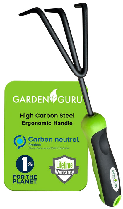 Garden Guru hand cultivator rake tool with 3 large tines for cultivating soil