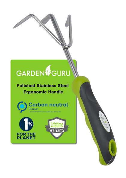 Garden Guru hand cultivator with three tines for soil prep