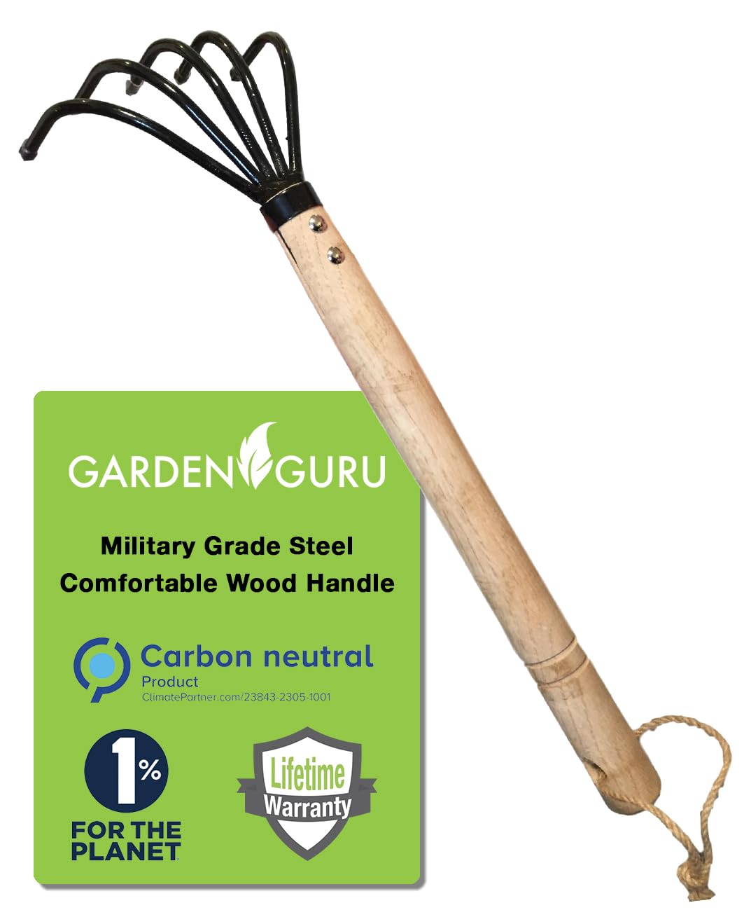 Garden Guru Hand Rake Claw with 5 tines for soil cultivation.