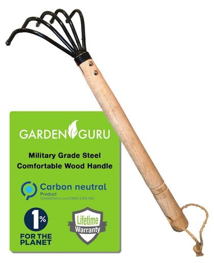 Garden Guru Hand Rake Claw with 5 tines for soil cultivation.