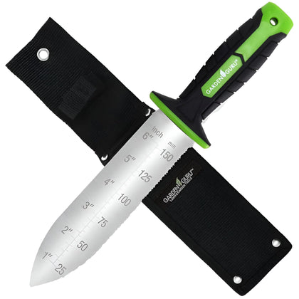 Garden Guru Hori Hori knife blade close-up showing durable stainless steel for tough digging