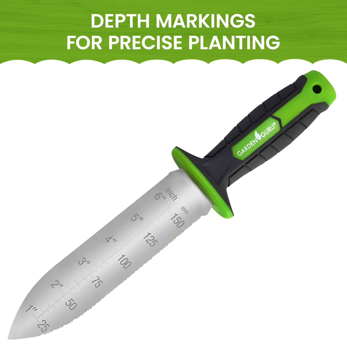 Garden Guru Hori Hori knife depth marks help accurate planting depth measurements