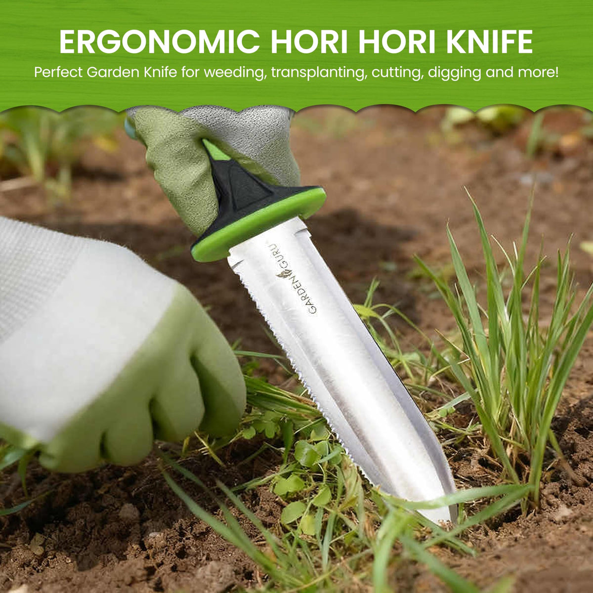 Garden Guru Hori Hori knife ergonomic handle designed for comfortable long garden sessions