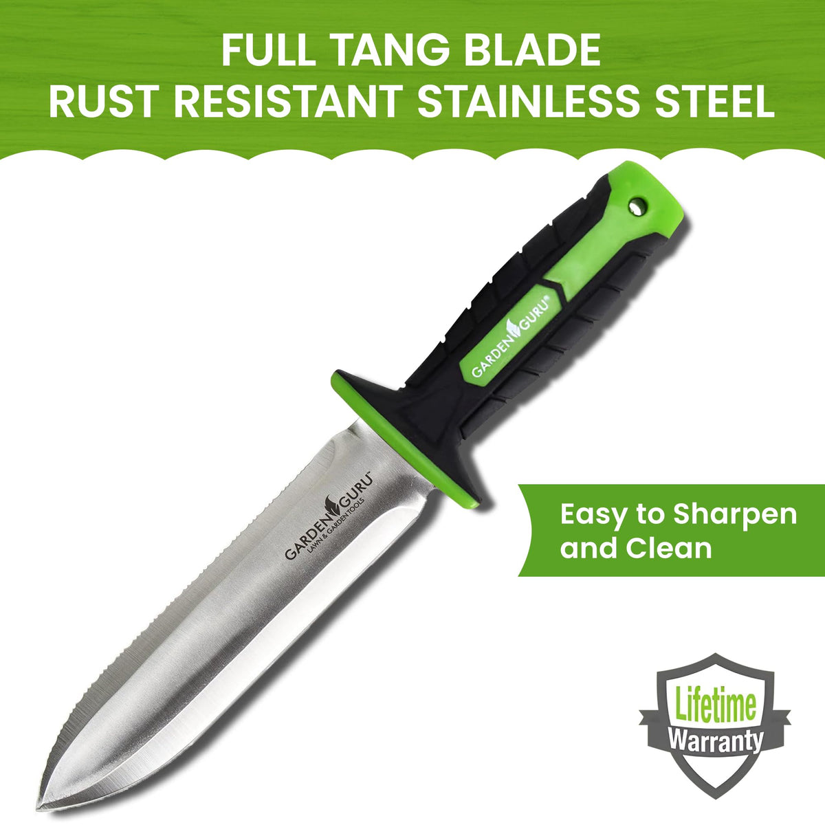 Garden Guru Hori Hori knife serrated edge in use for quick pruning and sawing