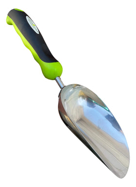 Garden Guru scoop trowel blade closeup showing durable rust-resistant finish for digging