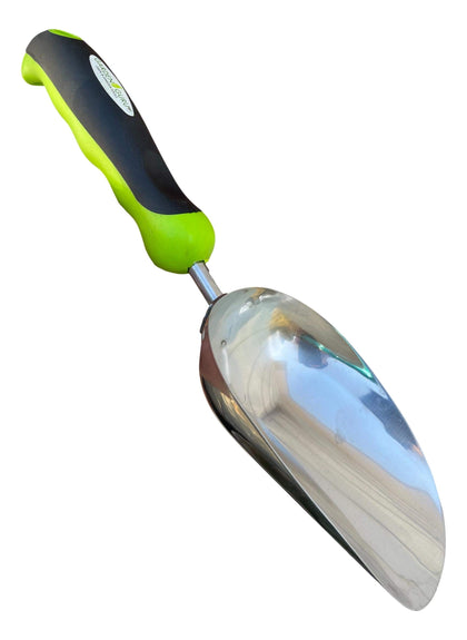 Garden Guru scoop trowel blade closeup showing durable rust-resistant finish for digging