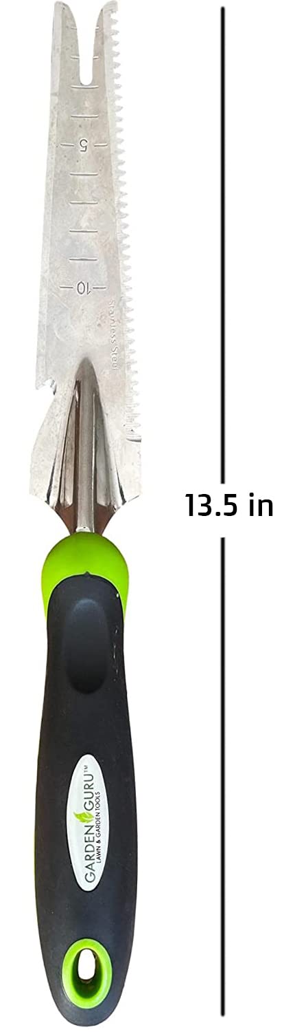 Garden Guru two-pronged fork tip lifts weeds with minimal soil disruption
